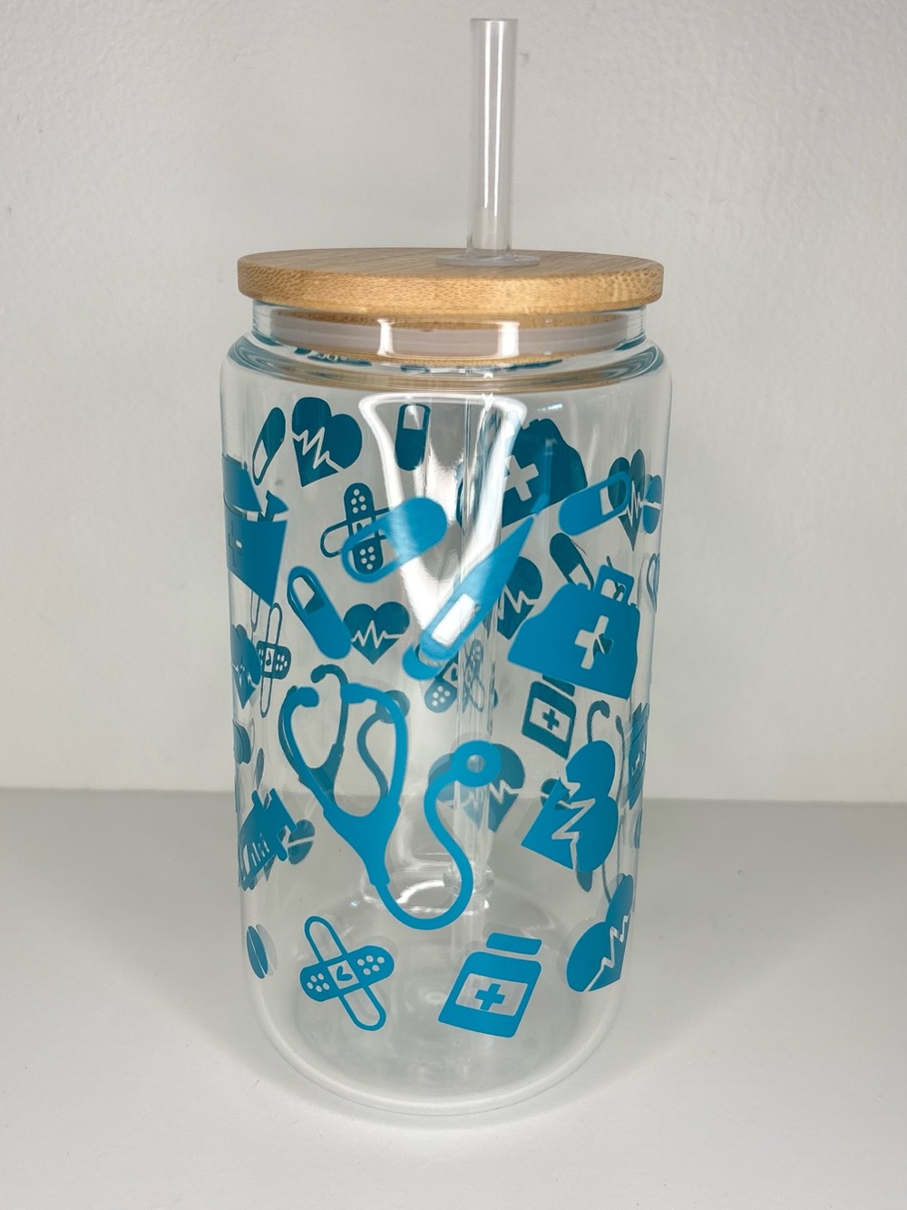 New Blue nursing iced coffee medical Glass Tumbler with Bamboo Lid and Straw
